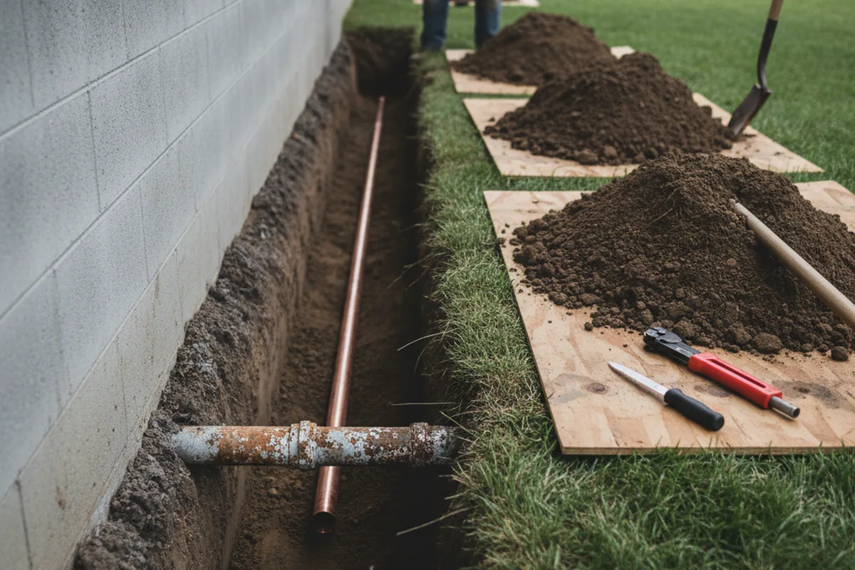 Excavated water line trench during Sewer Line Repair in Haysville